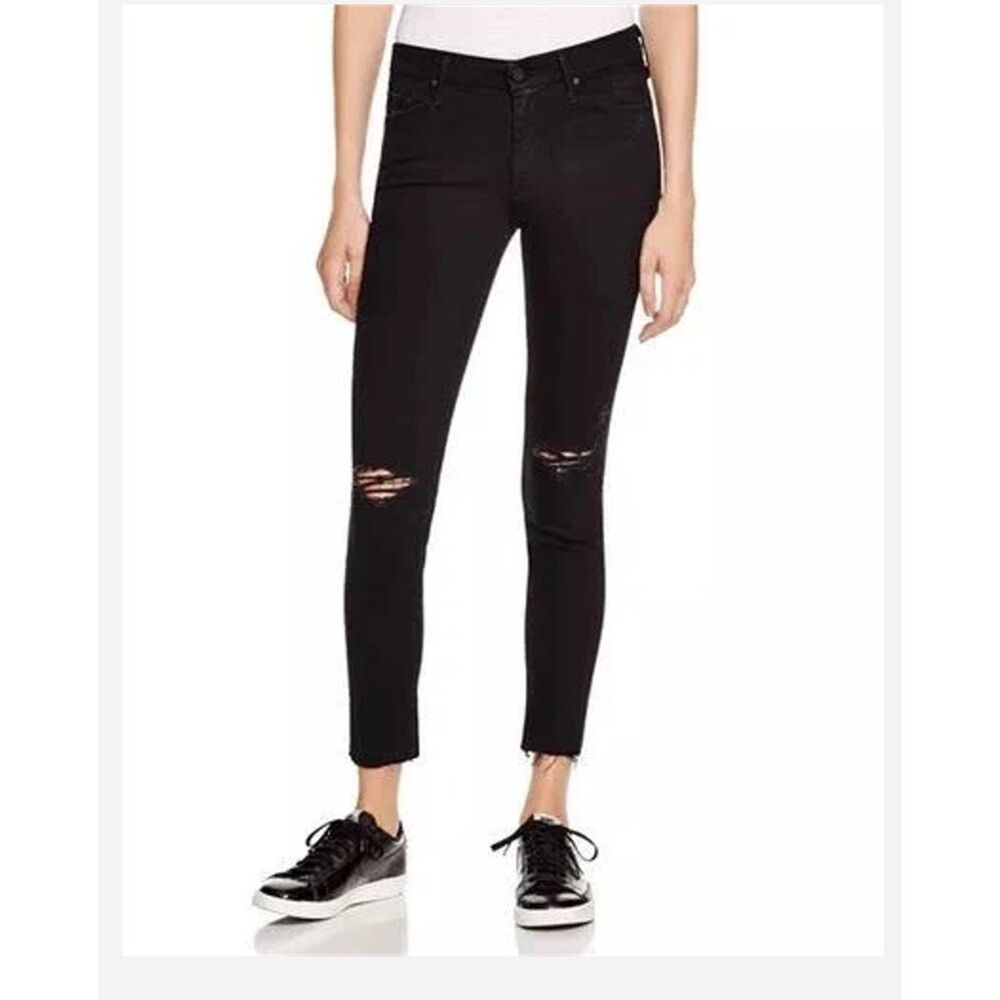 Mother Looker Ankle Fray Jeans Guilty as Sin Black Distressed Skinny